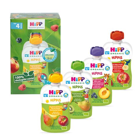 įvairūs HiPP vaisių ir daržovių tyrelių indeliai