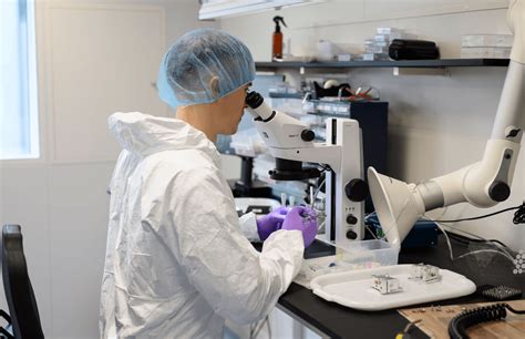 Laboratorinis ICSI procedūros vaizdas su mikroskopu