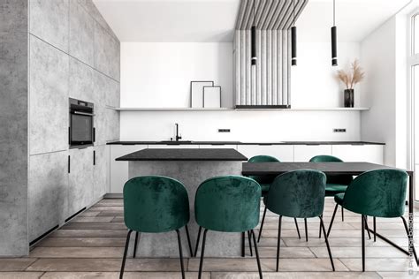 Virtuvės interjeras su salos tipo išdėstymu ir 