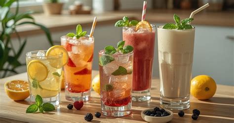 Įvairūs spalvingi nealkoholiniai kokteiliai su vaisiais ir mėtomis
