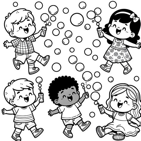 vaikai žaidžia su muilo burbulais lauke