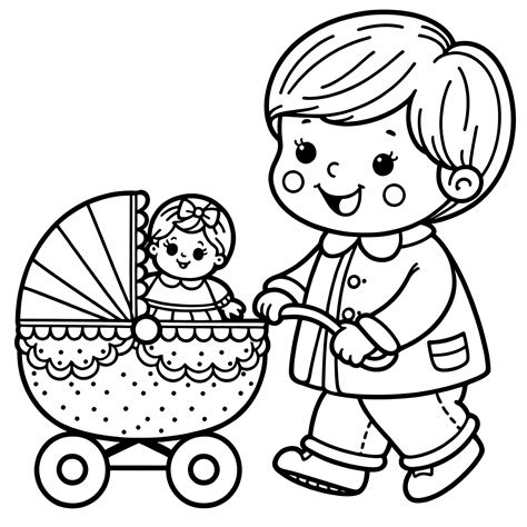 vaikas stumia lėlių vežimėlį lauke