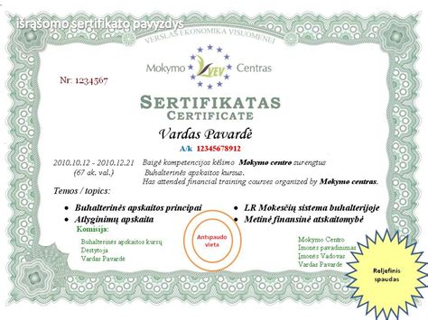 Sertifikato pavyzdys, rodantis akreditaciją
