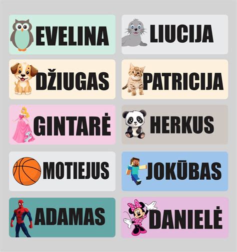 Lipdukai su vaikų vardais ir paveikslėliais