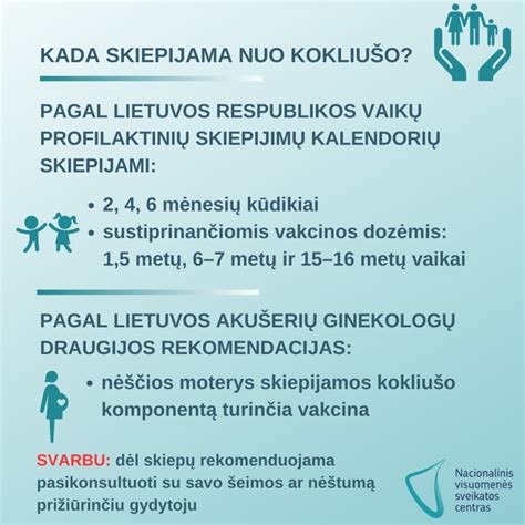 Infografika, iliustruojanti kokliušo vakcinacijos tvarkaraštį vaikams ir suaugusiems