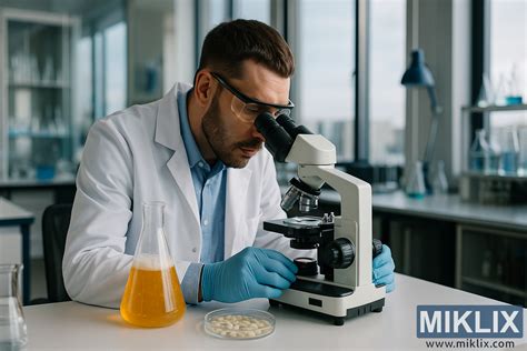Mokslininkas, dirbantis su mikroskopu