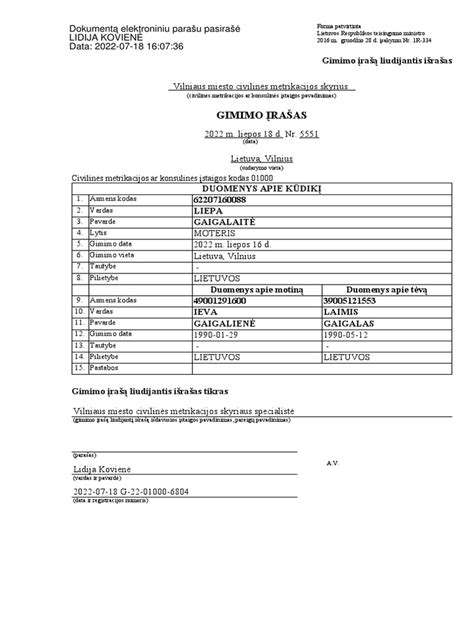 gimimo liudijimo išrašas